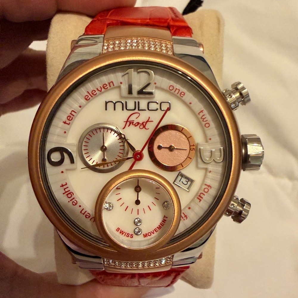Mulco Frost Women's Chronograph Watch - White & Rose Gold with Red Strap